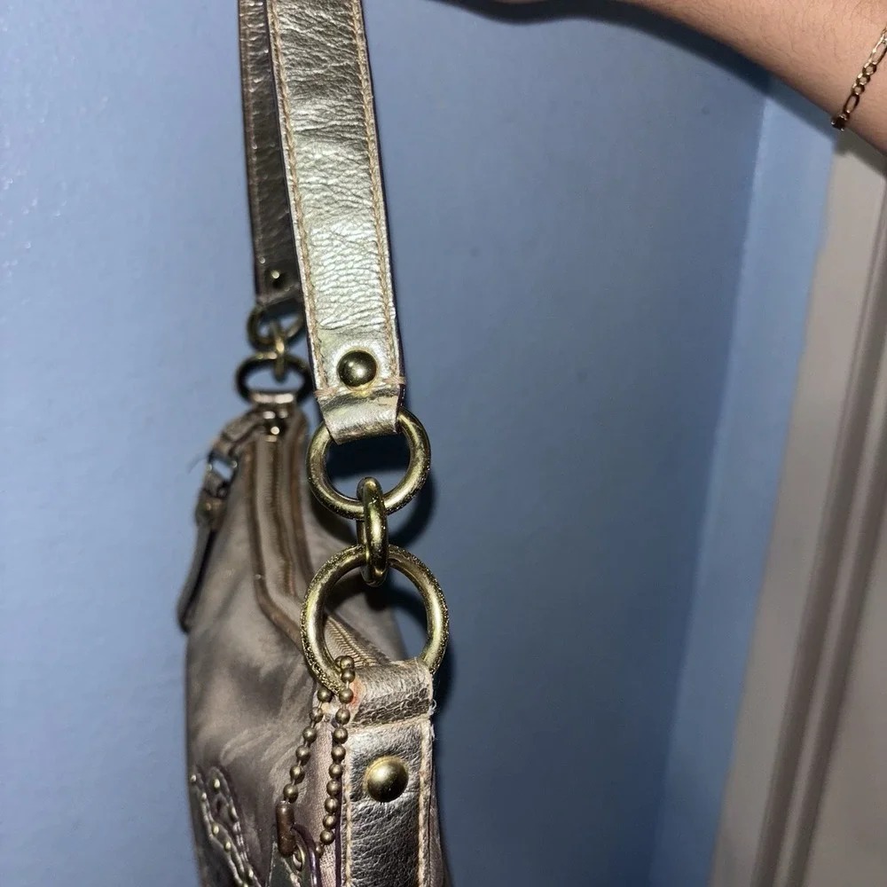 COACH Vtg Gold Satin Script Logo Purse Bag Double Heart Studded Hardware Handbag